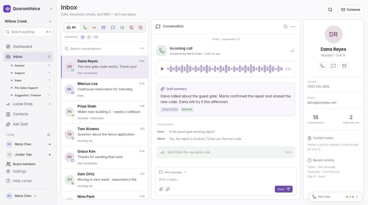 QuorumVoice brings conversations and contact context into one workspace.